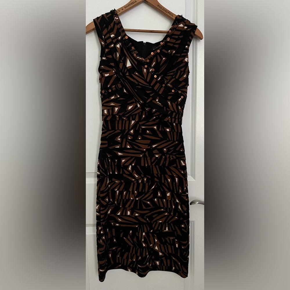 Adrianna Papell Black and Brown Patterned Midi Dress